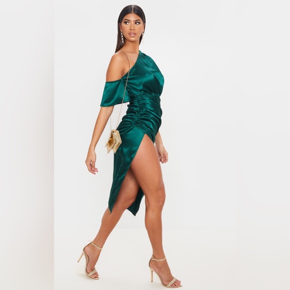 Emerald Green One Shoulder Ruched Skirt Midi Dress size 4 - Picture 3 of 5